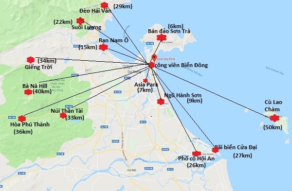 Bản đồ địa điểm du lịch Đà Nẵng tổng hợp mới nhất: Bản đồ du lịch Đà Nẵng, khoảng cách giữa các địa điểm du lịch ở Đà Nẵng