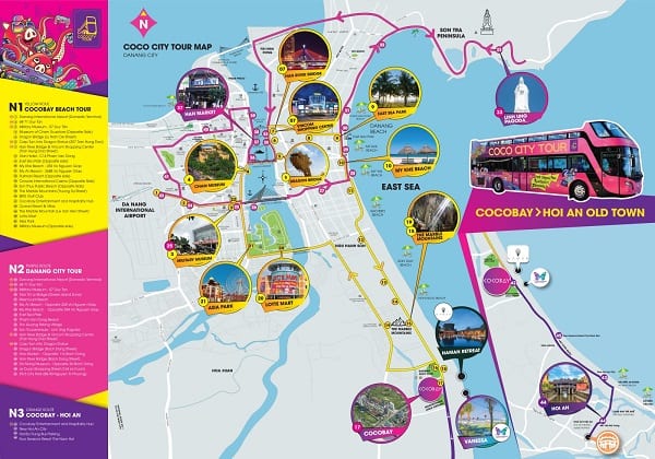 Lịch trình xe bus Hop On Hop Off Đà Nẵng bằng hình ảnh: Bản đồ các điểm dừng của xe bus 2 tầng Hop On Hop Off Đà Nẵng