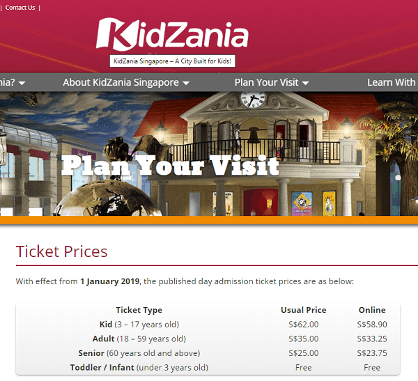 Bảng giá vé vào cửa công viên KidZania Singapore