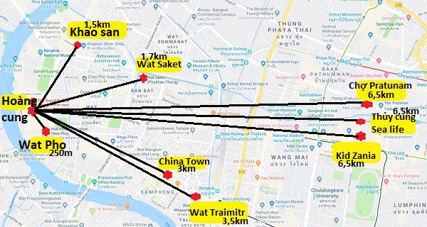 Bản đồ các địa điểm du lịch ở Thái Lan: Bản đồ các địa điểm du lịch ở trung tâm Bangkok