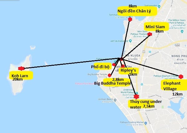 Bản đồ các địa điểm tham quan Thái Lan: Bản đồ địa điểm du lịch trung tâm Pattaya