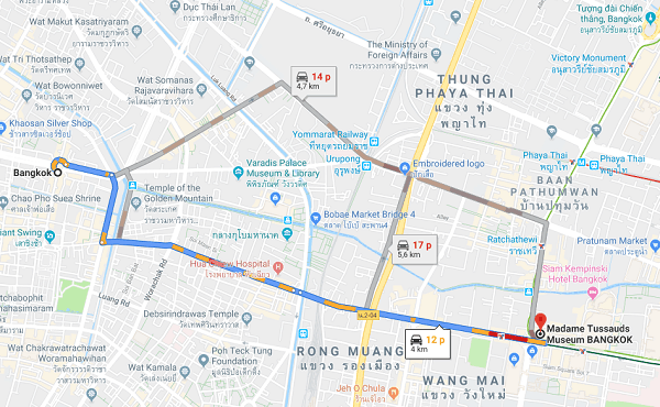 Bản đồ hướng dẫn cách đi đến bảo tàng tượng sáp Madame Tussauds ở Bangkok